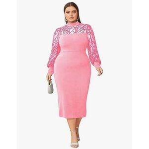 NEW Pink Spring Midi Plus Size Mesh Bishop Long Sleeve Dress 2x